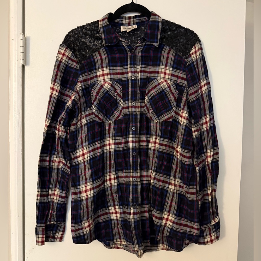 Express Flannel Black, Red, and Blue Plaid Shirt with Sequin Shoulders/Back